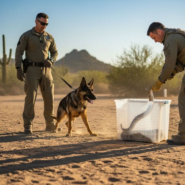 Two trainers in uniform work with a German Shepherd on a leash, presenting a snake inside a clear box on a sun-drenched, dusty training ground. Two trainers in uniform work with a German Shepherd on a leash, presenting a snake inside a clear box on a sun-drenched, dusty training ground.