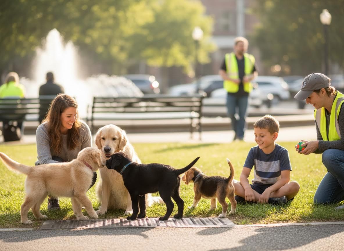 People and puppies playing in a sunny park