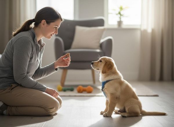 Woman Training Golden Retriever Puppy with Treat