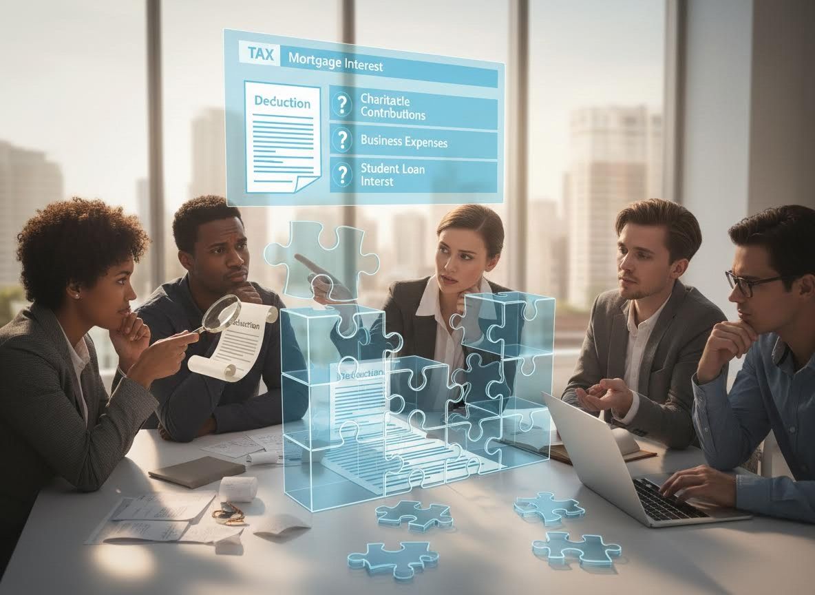Business professionals analyzing tax deductions with a holographic display