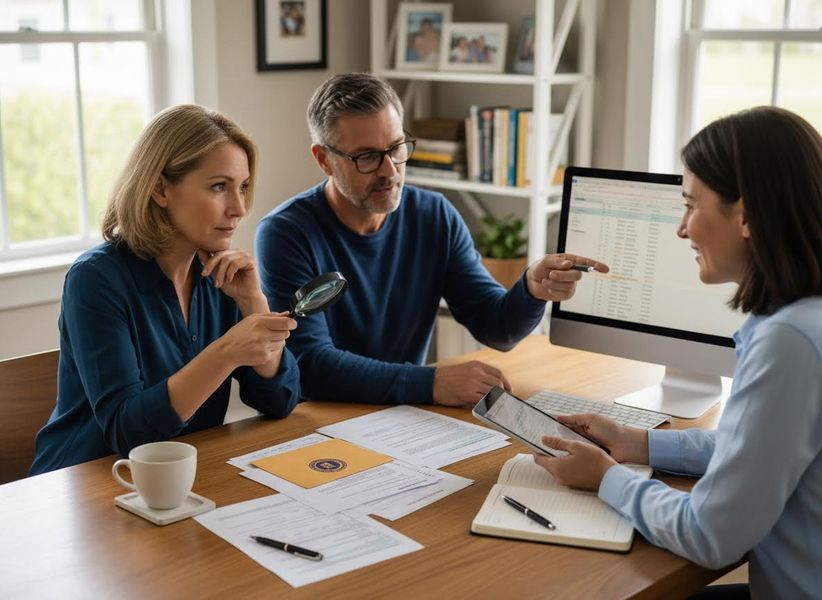 A couple reviews financial data on a monitor with an advisor. The woman holds a magnifying glass; the man points at the screen. Couple Reviewing Finances with Financial Advisor