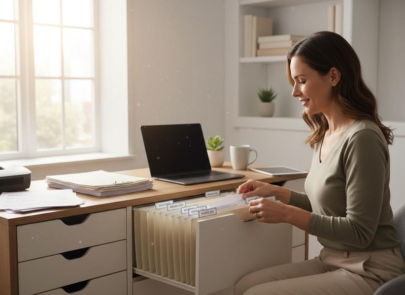 A smiling woman organizes files in a desk drawer in her bright home office, with a laptop and papers on the desk. Woman organizing files in her home office