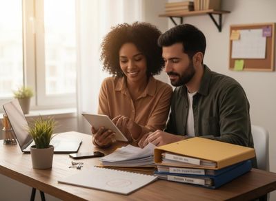 Diverse Couple Collaborating on Tablet