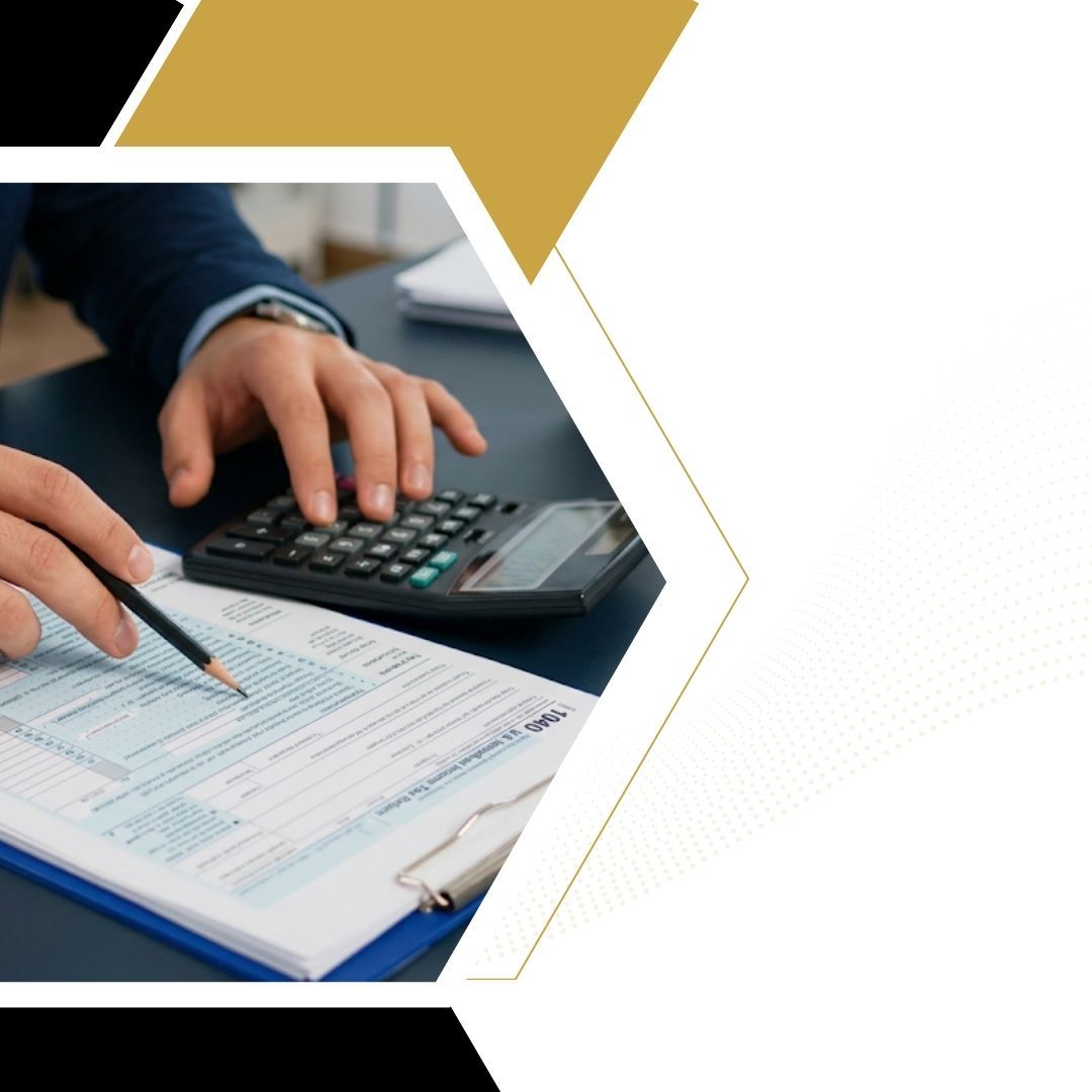 A focused close-up showing an expert tax advisor’s hand meticulously pointing to lines on a detailed IRS tax form with a sophisticated pen, symbolizing precise tax preparation services.