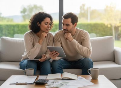 A thoughtful couple sits on a sofa, looking at a tablet while surrounded by financial documents, a calculator, and cash on a coffee table. Couple reviewing finances on a tablet at home