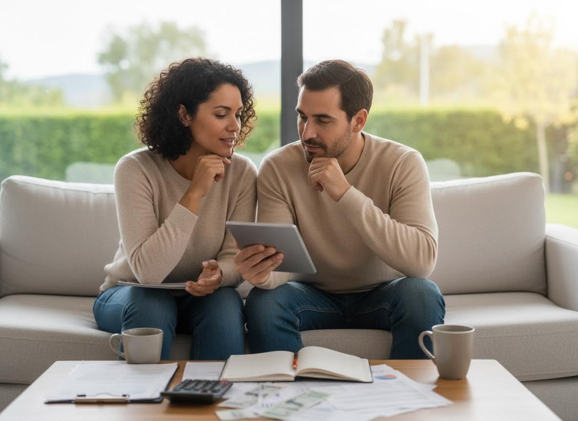 Couple reviewing finances on a tablet at home