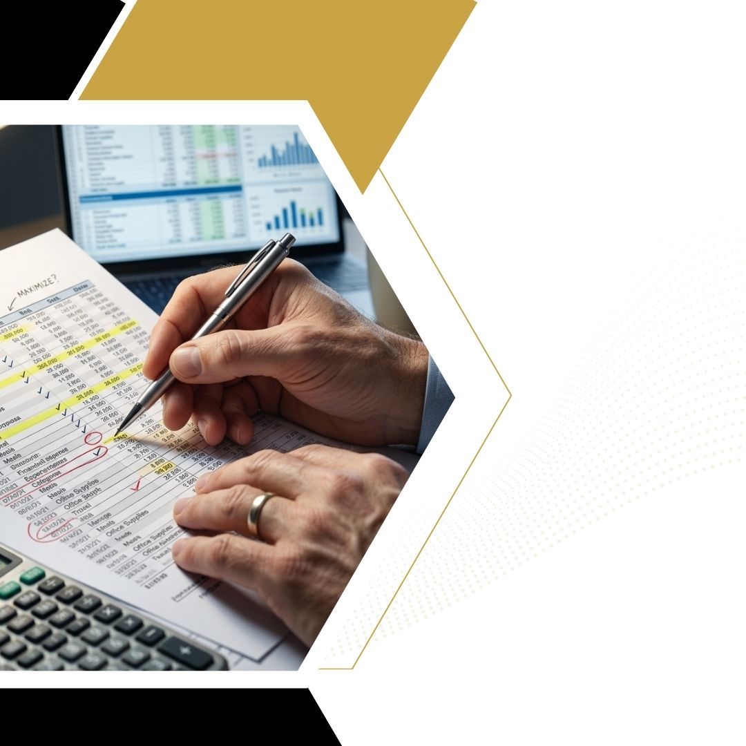 A close-up view of a tax professional's hands analyzing annotated business expense reports and a calculator, illustrating expert advice to maximize small business tax deductions.