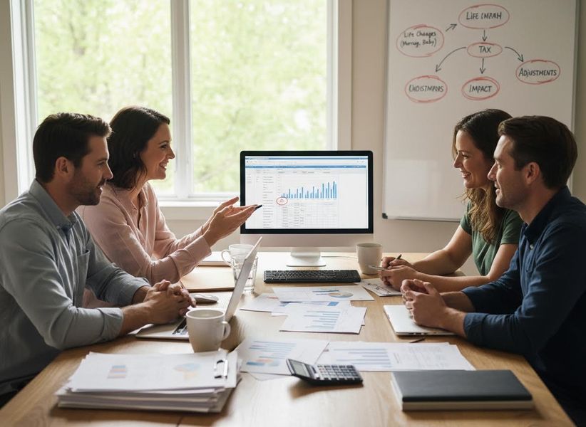 Four smiling colleagues collaborate around a computer displaying bar charts and financial data, with a whiteboard outlining life changes and tax planning. Business Professionals Discussing Financial Data