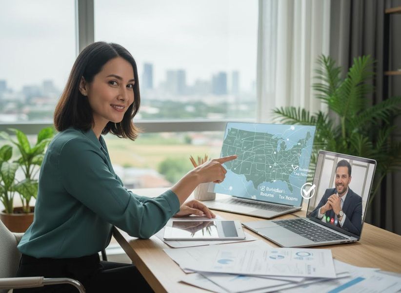 A smiling woman in a teal blouse points at a map of the USA on a laptop screen showing business data, while on a video call with a man. Professional woman pointing at a US map on a laptop during a video call