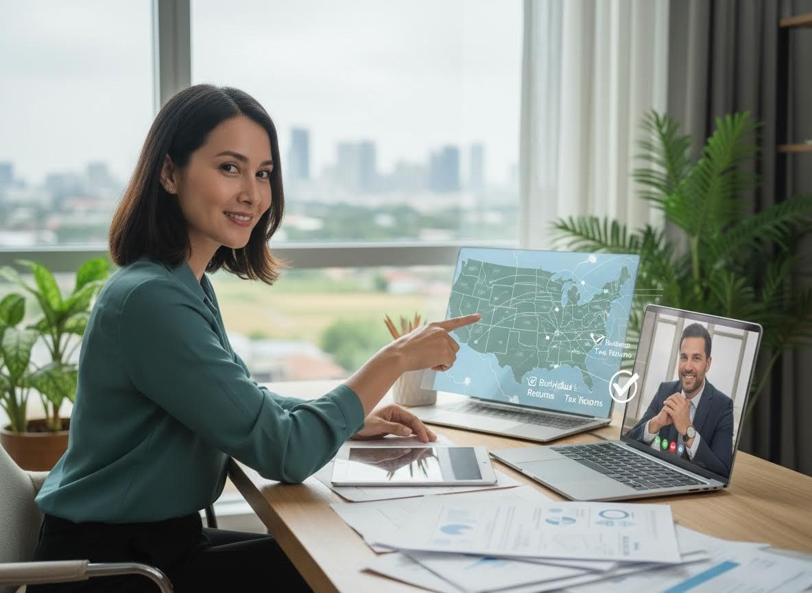 Professional woman pointing at a US map on a laptop during a video call