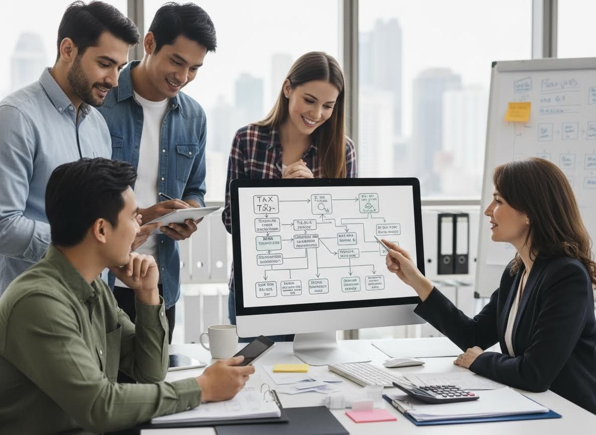 Business Team Collaborating on a Digital Flowchart