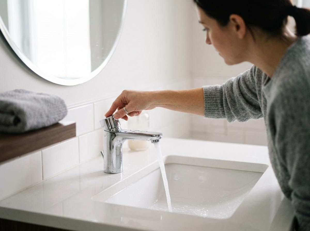 Woman Turning On Bathroom Faucet