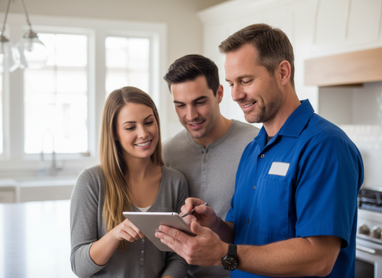 Service Technician Showing Tablet to Couple in Kitchen