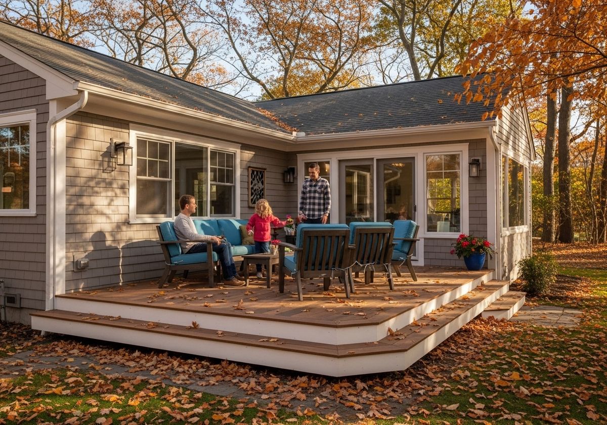 Family enjoying the fall season on their home deck