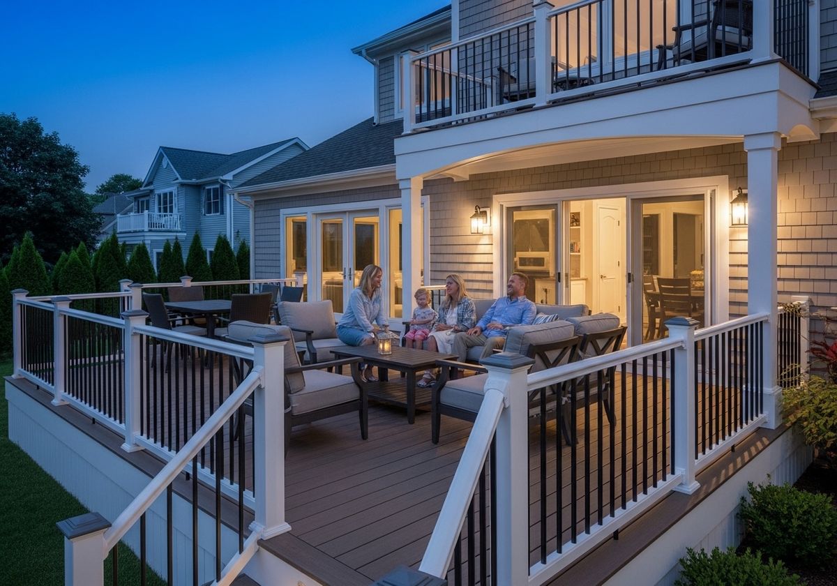 Family enjoying time on a deck at dusk