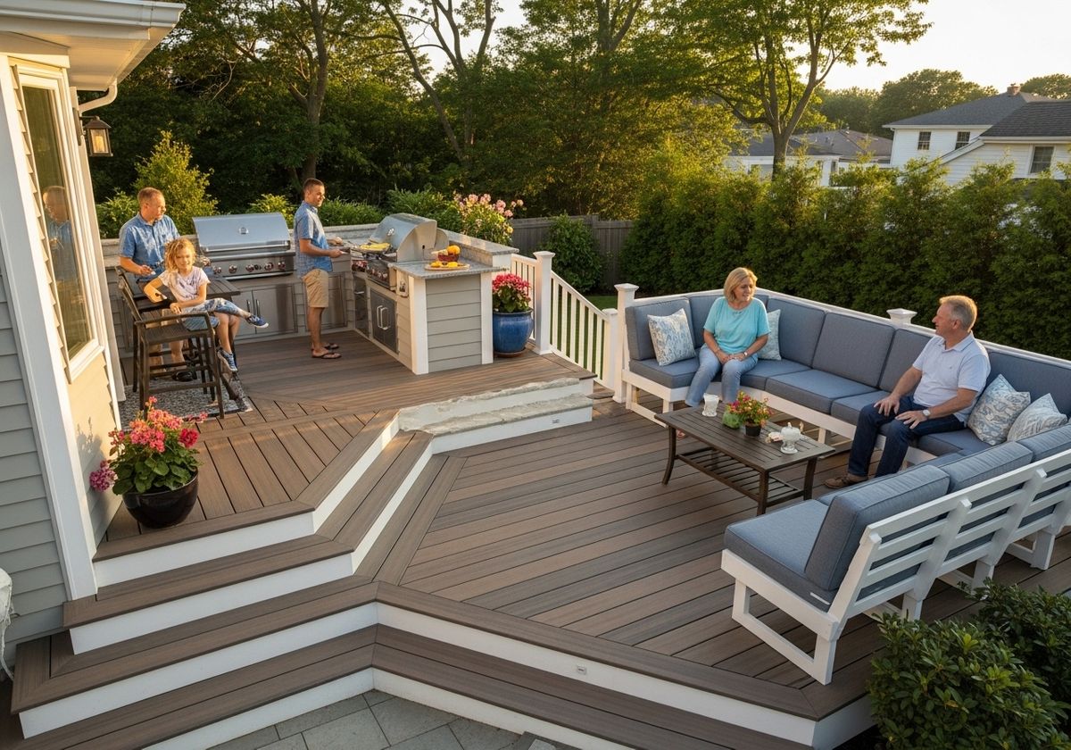 Outdoor Kitchen and Seating on a Multi-Level Deck