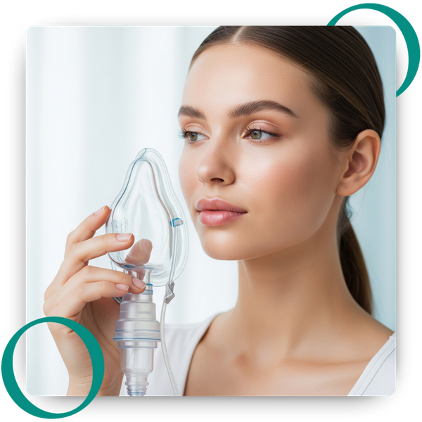 Woman holding a clean, minimalist oxygen delivery mask near her face
