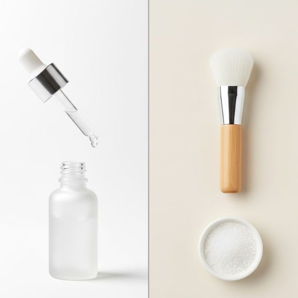 Split image showing a chemical exfoliant dropper bottle next to a mechanical scrub brush, representing the two types of exfoliation.