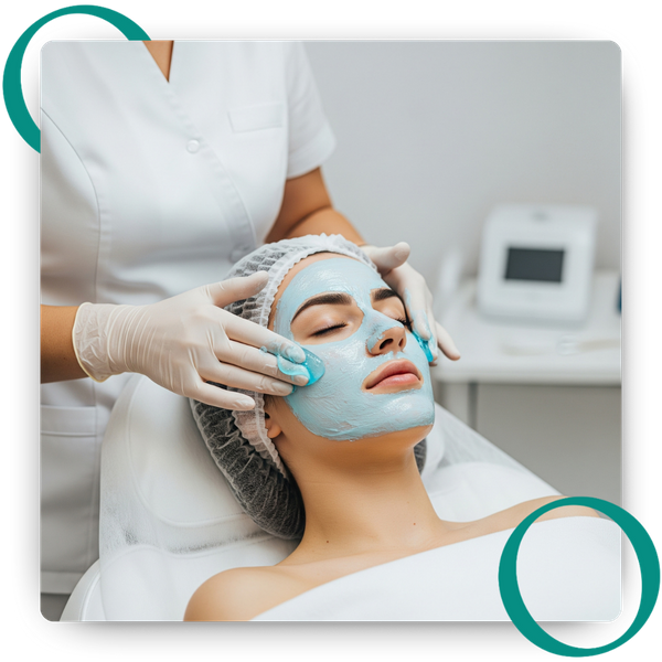 An esthetician wearing black gloves uses a device on a client's jawline