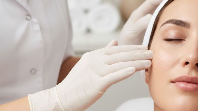 Close-up of a professional aesthetician applying a serum to a client's cheek during an exfoliation treatment.