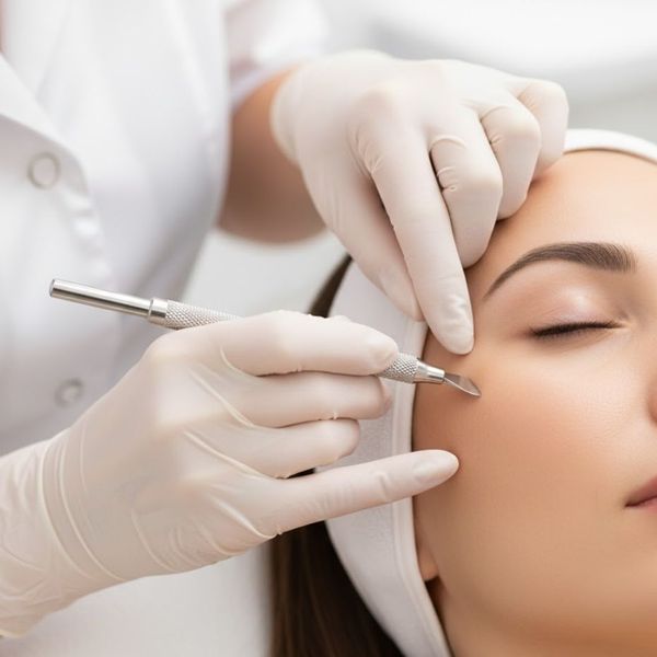 Aesthetician's gloved hands performing a precise, professional dermaplaning treatment on a client's face.