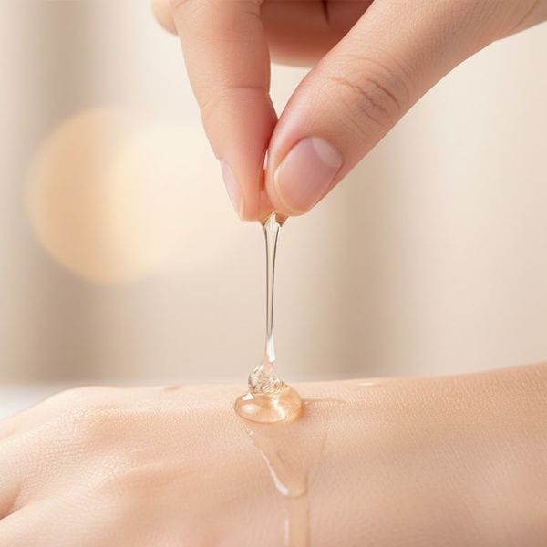 Concentrated serum being applied to smooth, glowing skin to illustrate improved product absorption.