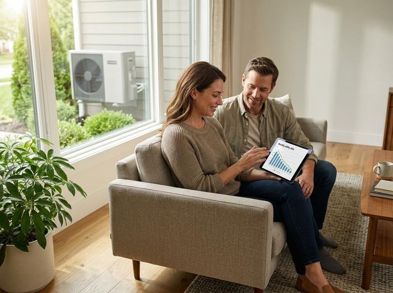Couple reviewing energy savings with a heat pump