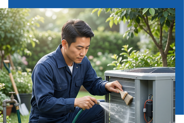 HVAC Contractor brushing AC Unit