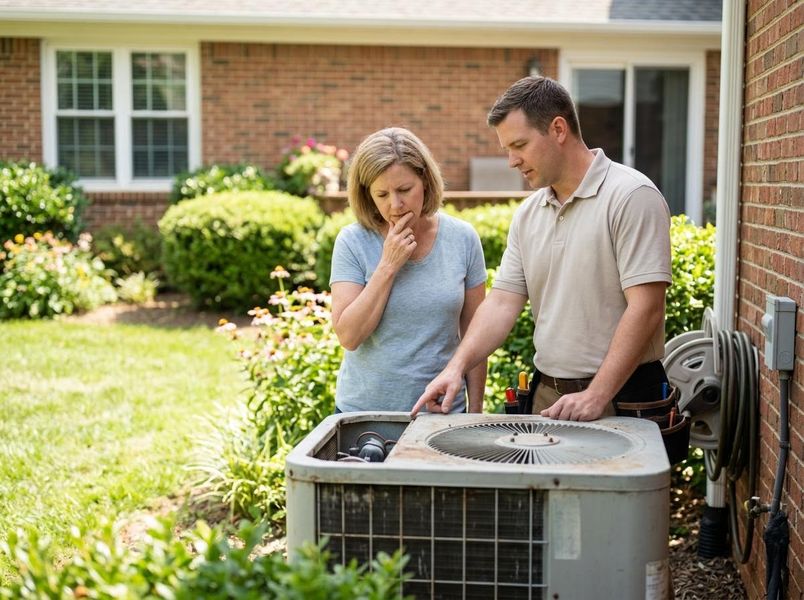 HVAC technician explaining AC unit problem to concerned homeowner