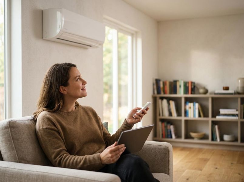 Woman operating wall-mounted air conditioner with remote control