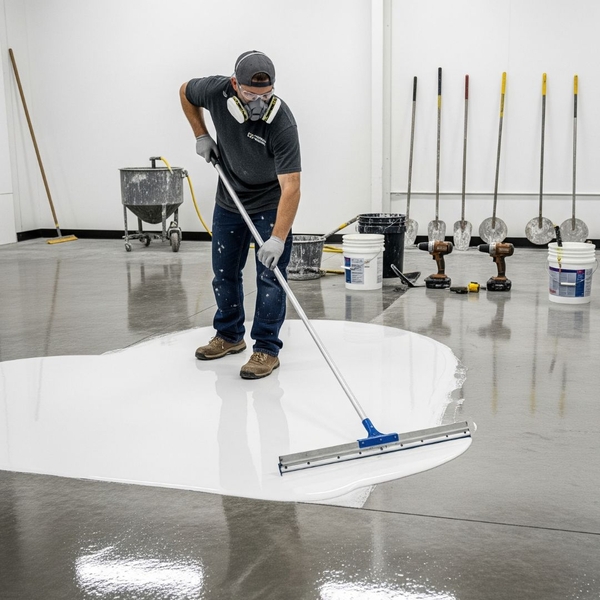 A professional applying a new layer of epoxy resin floor coating.