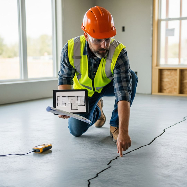 A professional inspecting a residential concrete floor, highlighting potential issues