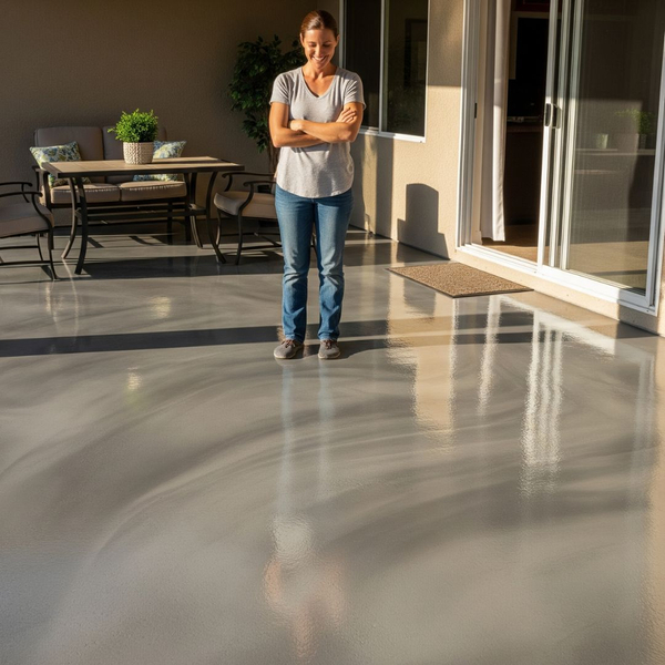 A homeowner is happily admiring their newly installed epoxy coating on a patio or basement floor