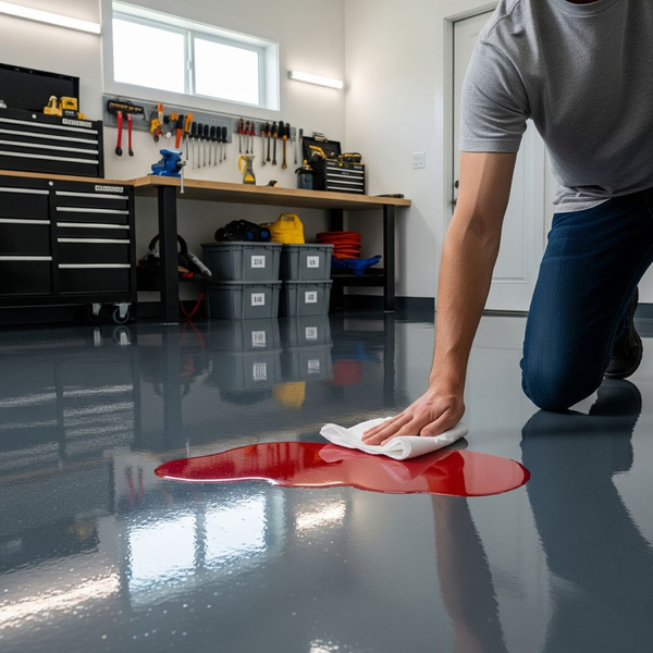  A person easily cleaning a spill on a glossy, durable epoxy coating
