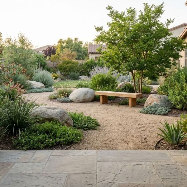 A peaceful view from a stone patio shows a beautiful, balanced sustainable landscape featuring native plants and rocks