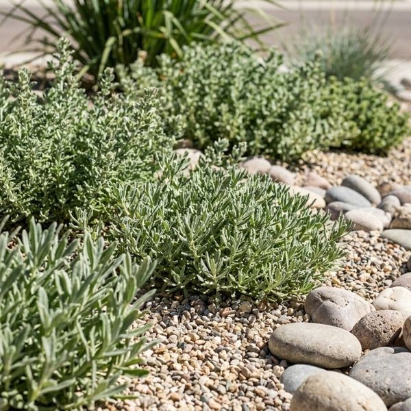 A close-up view displays various native Utah drought-tolerant plants emerging from decorative gravel and smooth river rocks.