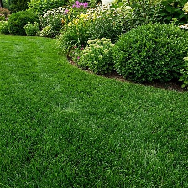 A detailed close-up shot focuses on a vibrant green lawn meeting manicured garden flower beds in bright sunlight.