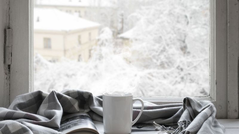 coffee and a blanket by a window that shows a snowy day