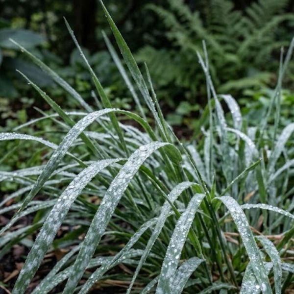 powdery white coatings on the blades of grass 