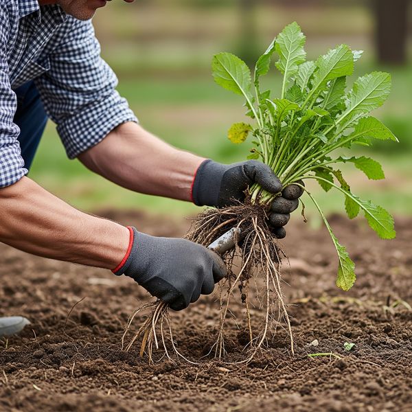 A person manually removing a weed with its root intact from a garden. Effective Strategies For Weed Control