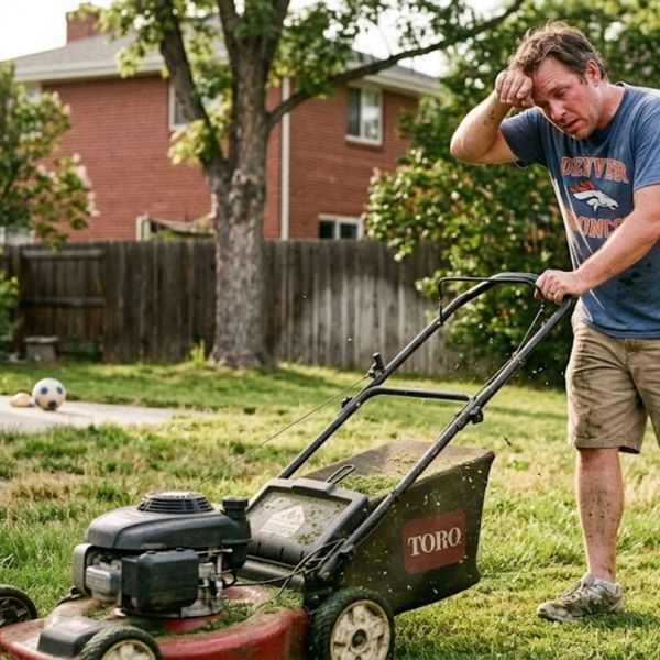 man push mowing the lawn looking exhausted
