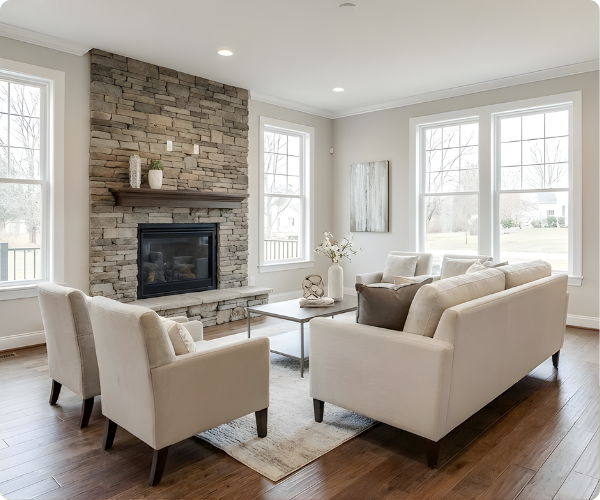 renovated living area with fireplace