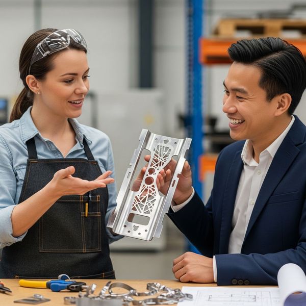 A female fabricator and a male Asian client stand at a workbench, both smiling as she presents a unique, custom-made metal component to him for his approval.
