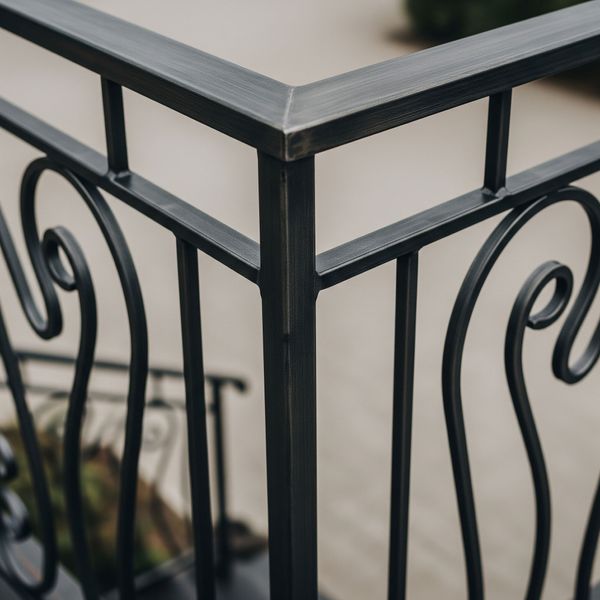 An elegant custom metal railing with intricate design and flawless welds, showcasing artistic fabrication.