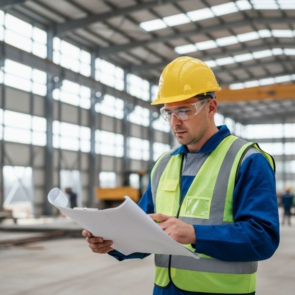A project manager reviews blueprints to ensure all welding work meets strict industry compliance standards.