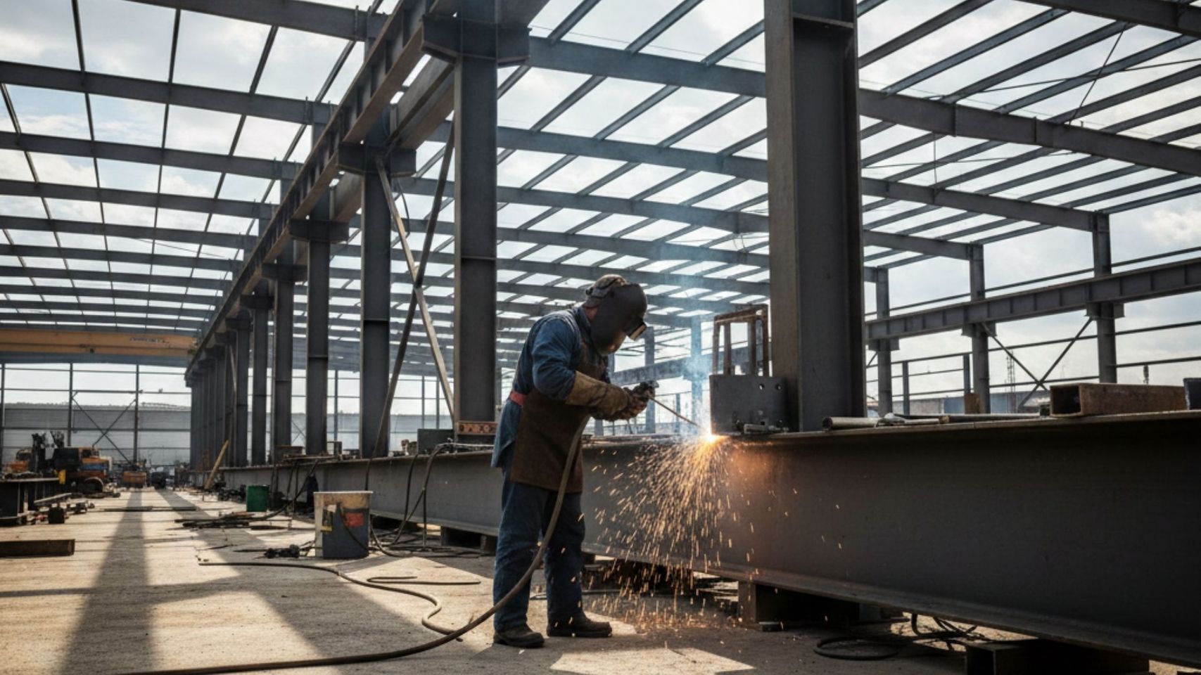 A professional welder performs precision work on a large steel frame at a commercial construction site. A professional welder performs precision work on a large steel frame at a commercial construction site.