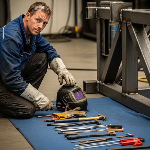 welder kneeling beside a partially assembled steel structure