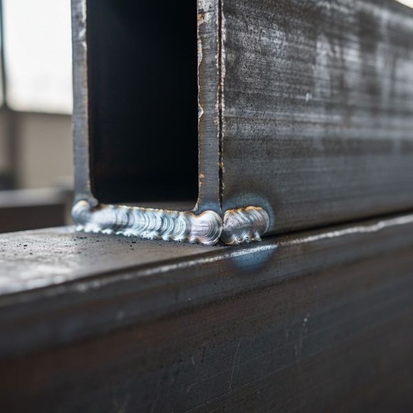 A close-up view shows a perfect, uniform weld bead on a professional metal fabrication project.