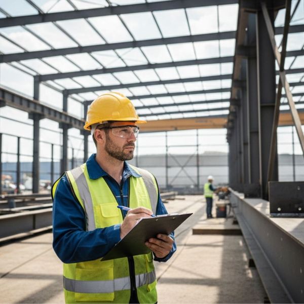 A construction professional inspects a metal structure to ensure long-term durability and safety.