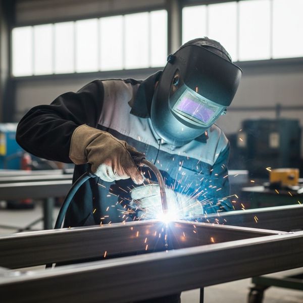 An expert welder performs clean aluminum fabrication on a specialized commercial frame.